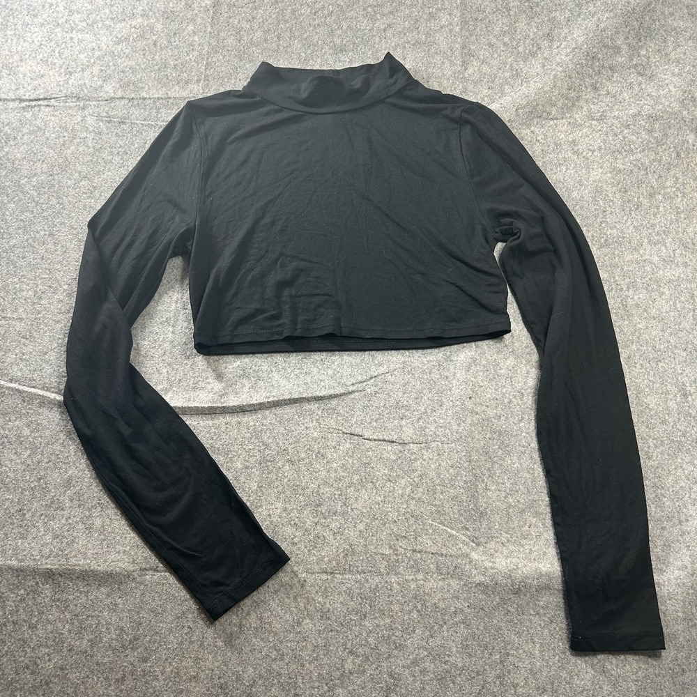 Free People Beach Shirt Womens Medium Mock Neck Cropped Top Black Stretch